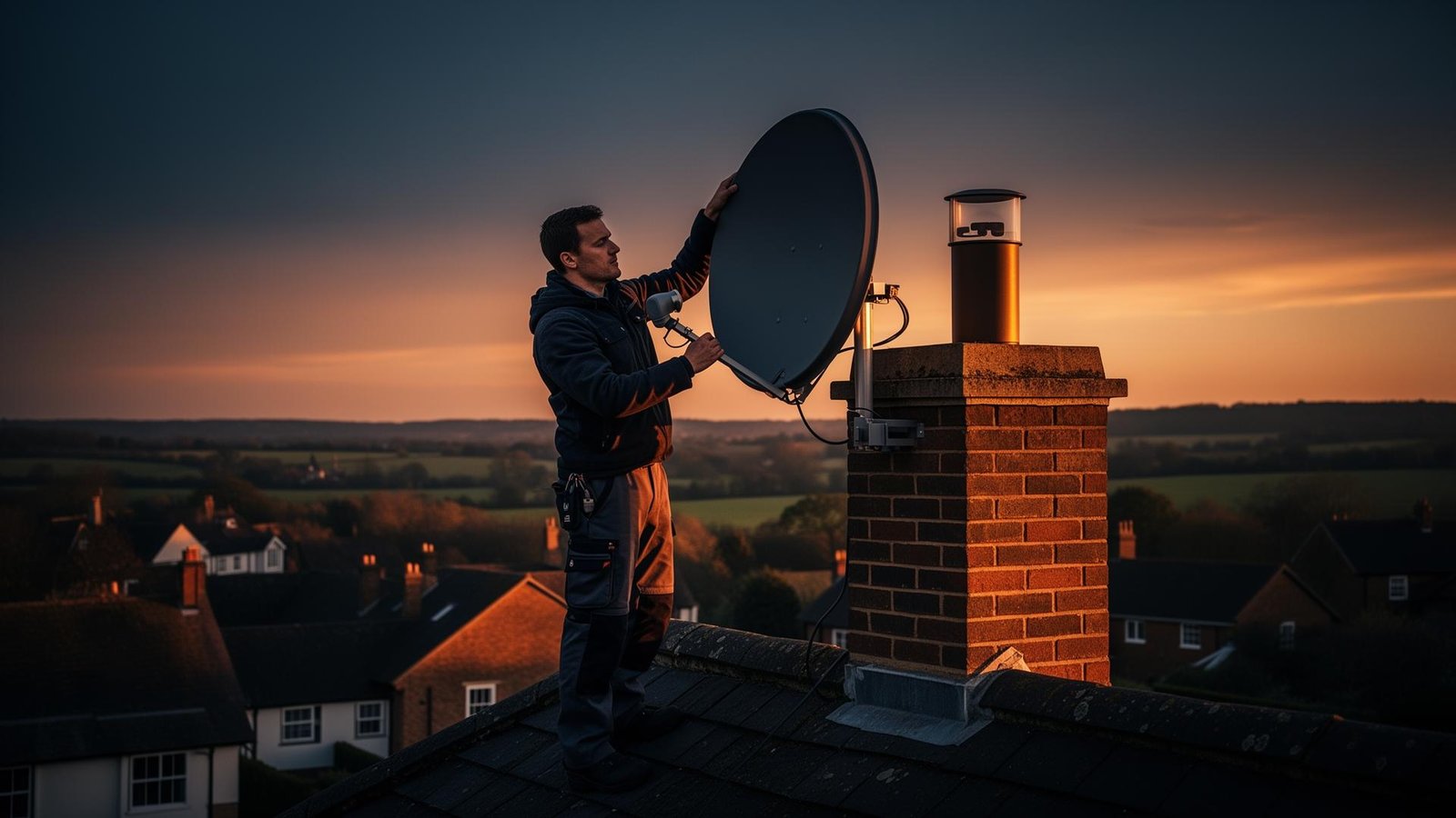 Engineer aligning a satellite dish at dusk over the Buckinghamshire countryside